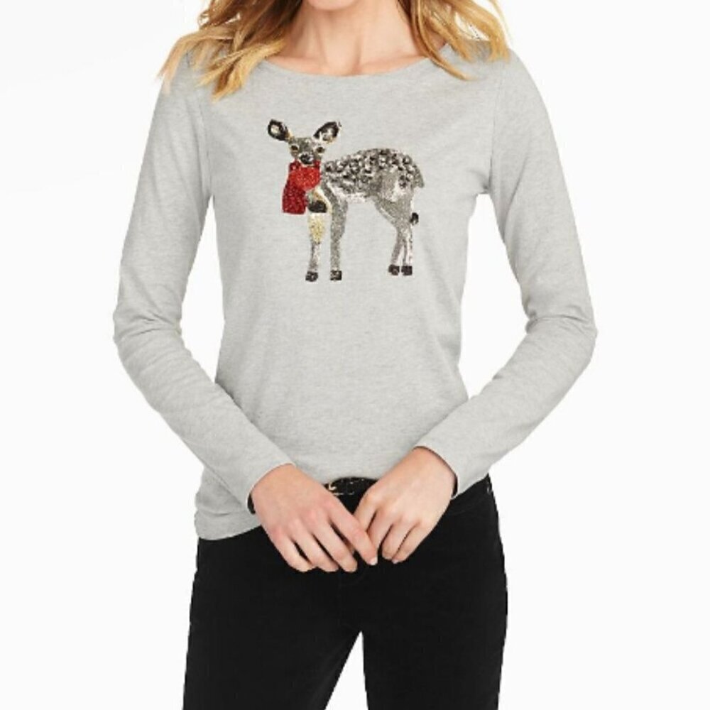 Talbots Boat Neck Long Sleeve Gray Sequined Deer Jersey Size Mp